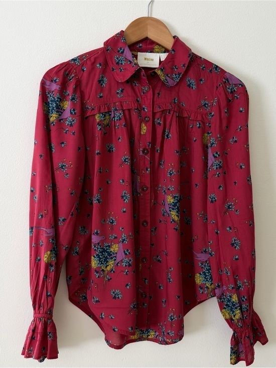 Like New Maeve Floral Button-Front Ruffled Cuff Blouse - Deep Pink